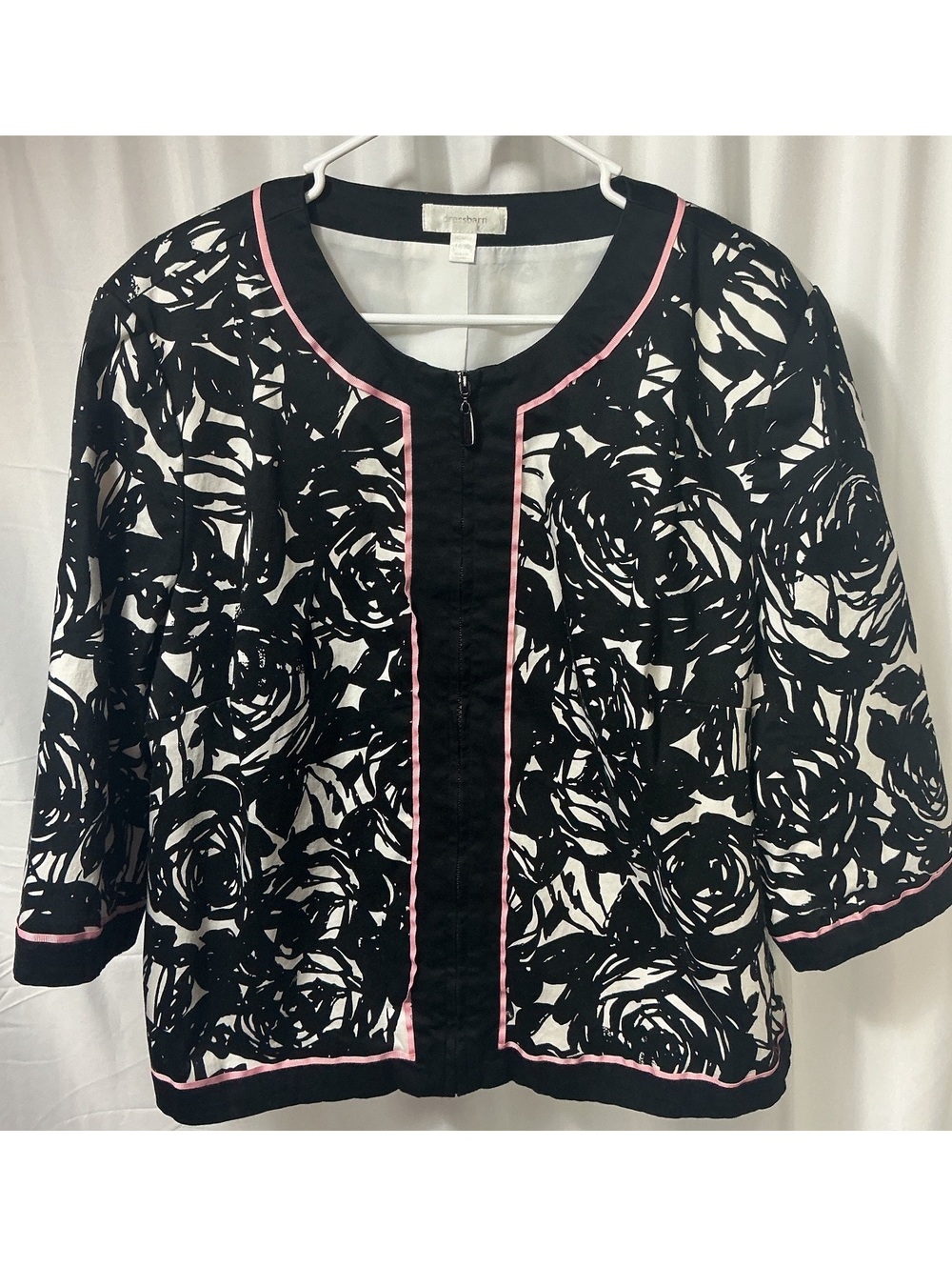 dressbarn 18/20 Black white Floral Print Zip Front Jacket Pink office work plus